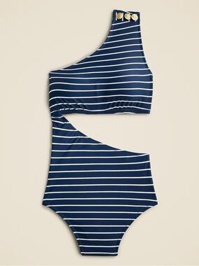 JCREW Cutout one-piece full-coverage swimsuit w/ buttons Nautical navy stripe 8